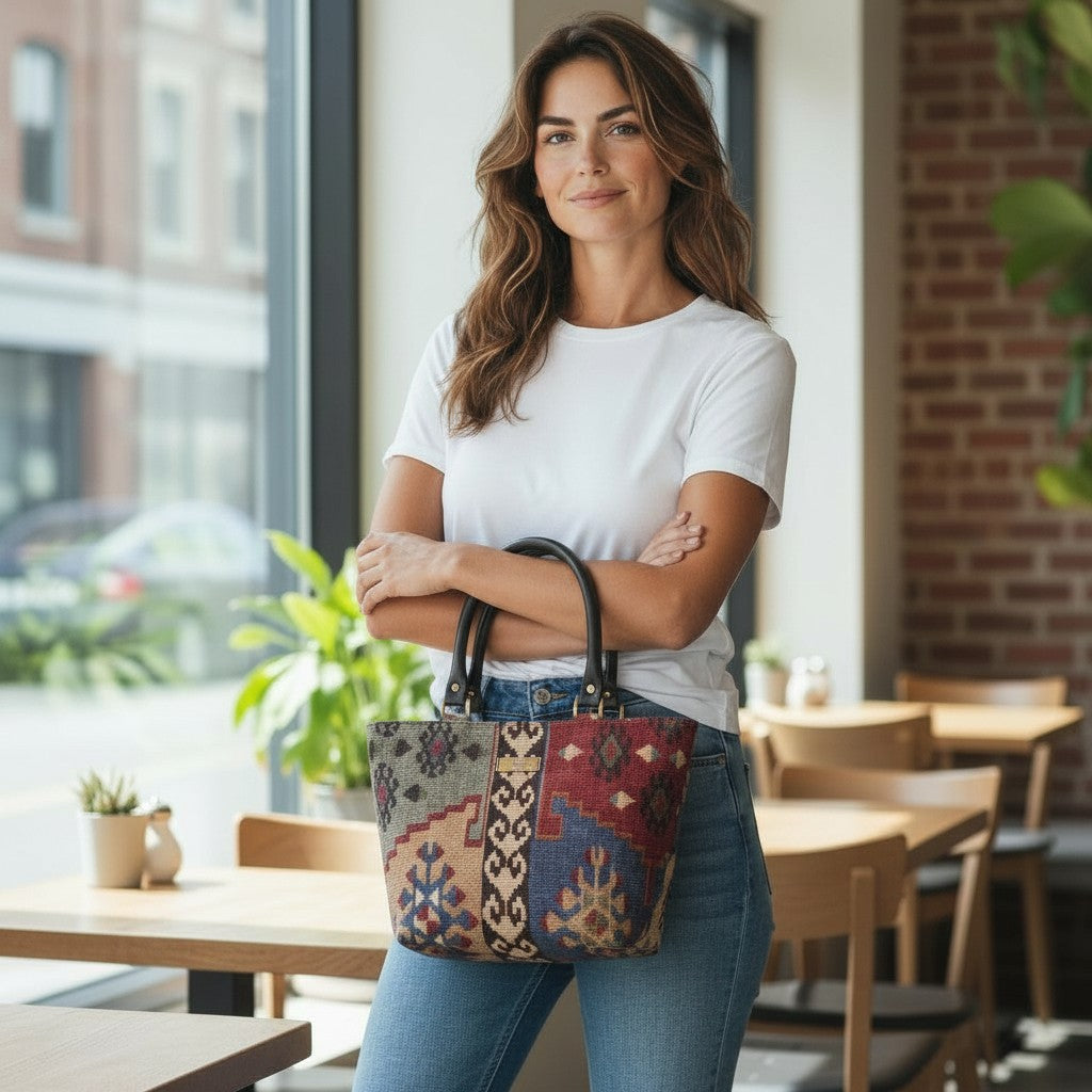 Canvas handbag featuring vibrant kilim geometric pattern in rich burgundy, navy, and taupe tones with sturdy black leather handles, showcasing a structured everyday silhouette and authentic heritage textile weaving by Umpie Handbags
