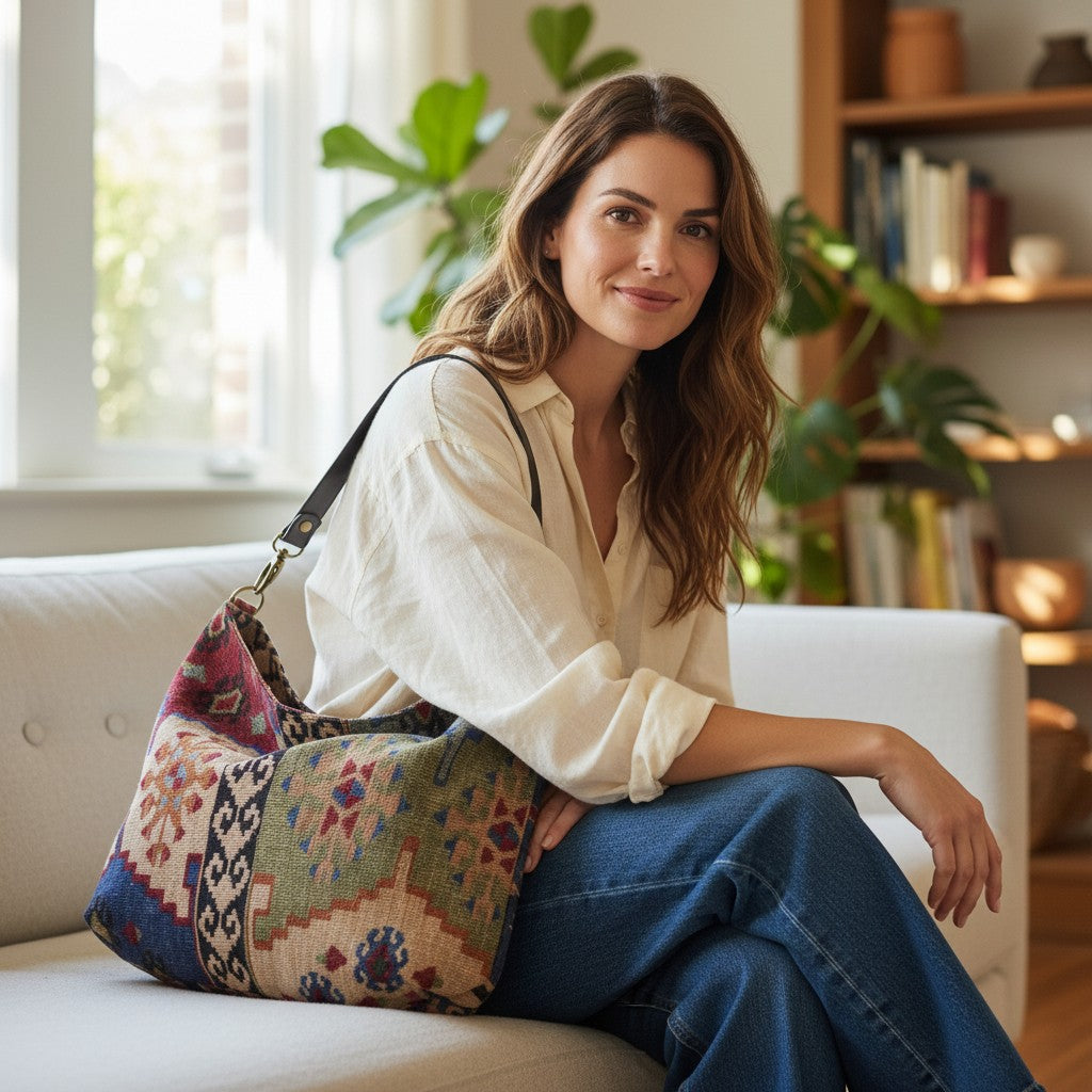 Kilim Canvas Hobo Bag worn over shoulder showing green geometric patterns and relaxed silhouette by Umpie Handbags