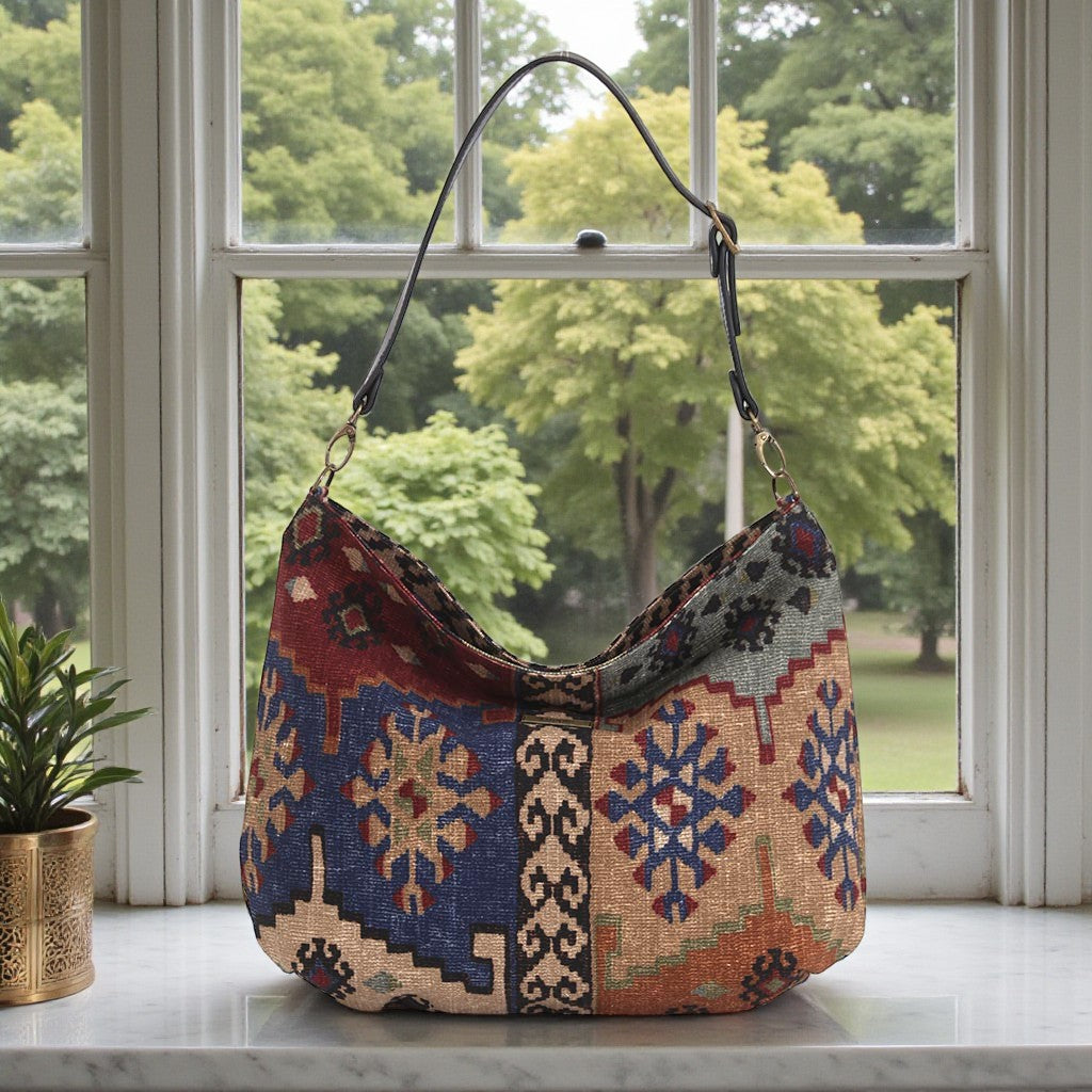 Front view of Kilim Canvas Hobo Bag featuring authentic Turkish textile with rich navy geometric patterns by Umpie Handbags
