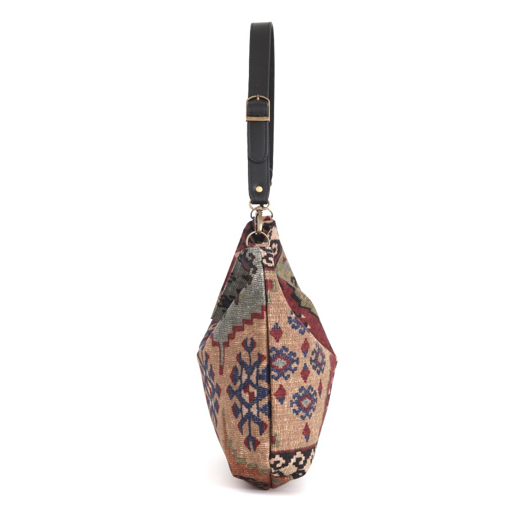 Side profile of Kilim Canvas Hobo Bag showing generous depth and handcrafted quality by Umpie Handbags