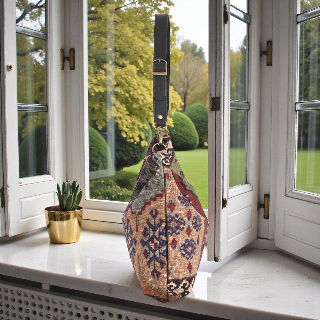 Side profile of Kilim Canvas Hobo Bag showing generous depth and handcrafted quality by Umpie Handbags