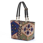Canvas Shoulder Bag in multi-colour Kilim design with black leather straps.