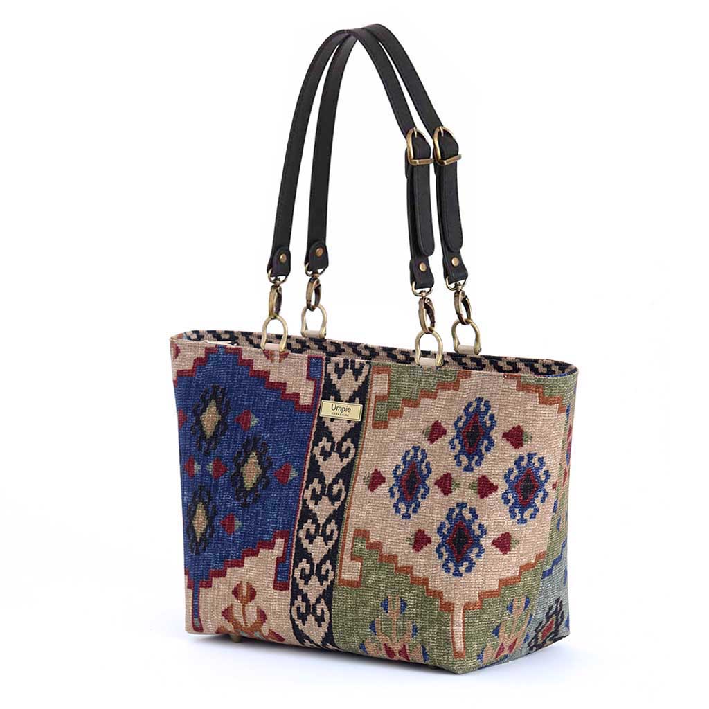 Canvas Shoulder Bag in multi-colour Kilim design with black leather straps.