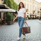 Model carrying the Canvas Weekend Bag, Kilim Design. Showcasing multicoloured, authentic kilim print with brown leather handles. Handcrafted in Yorkshire by Umpie Handbags