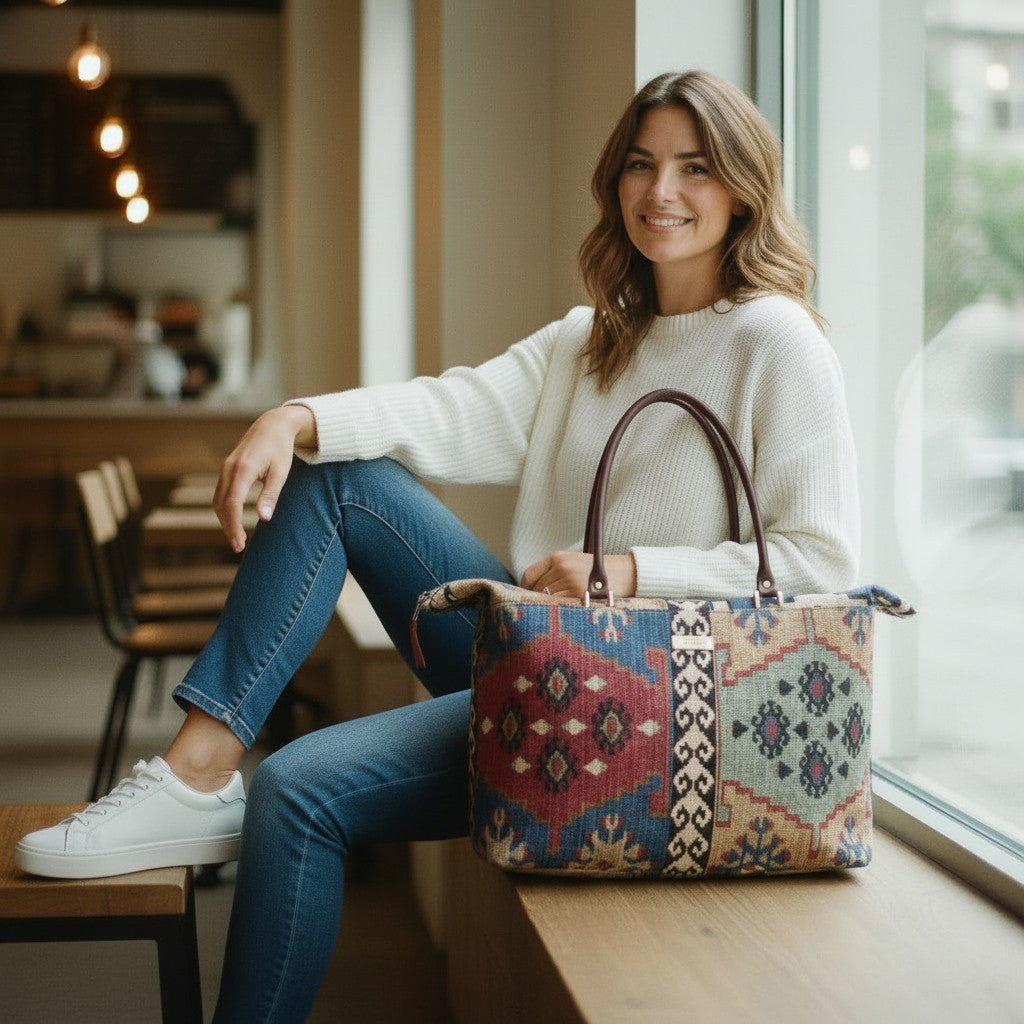 Handcrafted Kilim weekender bag front view displaying authentic geometric patterns, spacious cabin-sized proportions, and artisan brown leather handles by Umpie Handbags