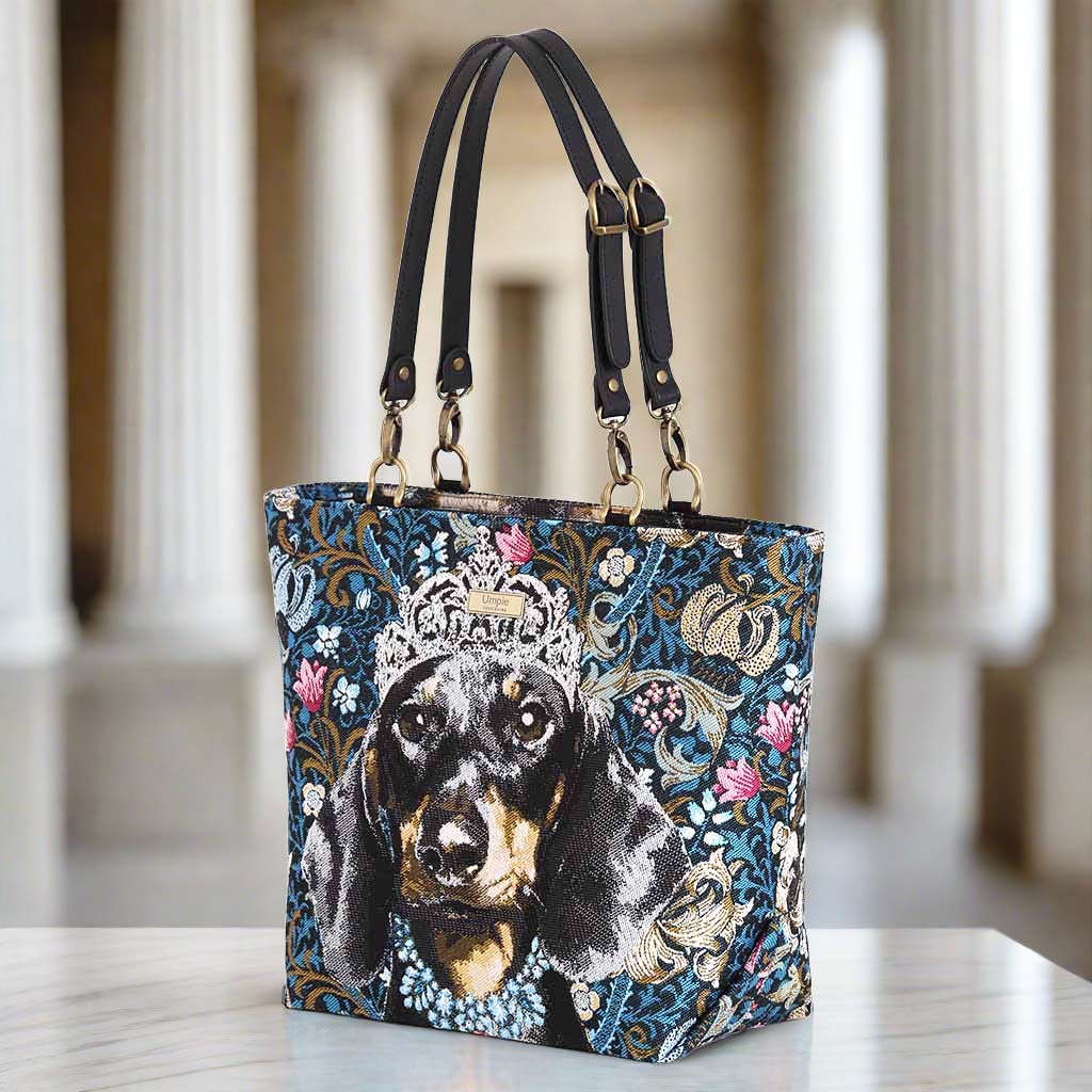 The Dachshund Tote Bag with black leather straps