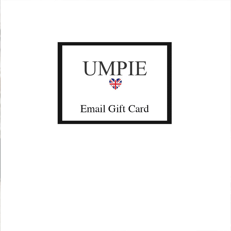 A white gift card with a thin black border, featuring the text 'UMPIE' in dark gray, a small heart-shaped Union Jack logo, and 'Email Gift Card' below, centered on a white background.