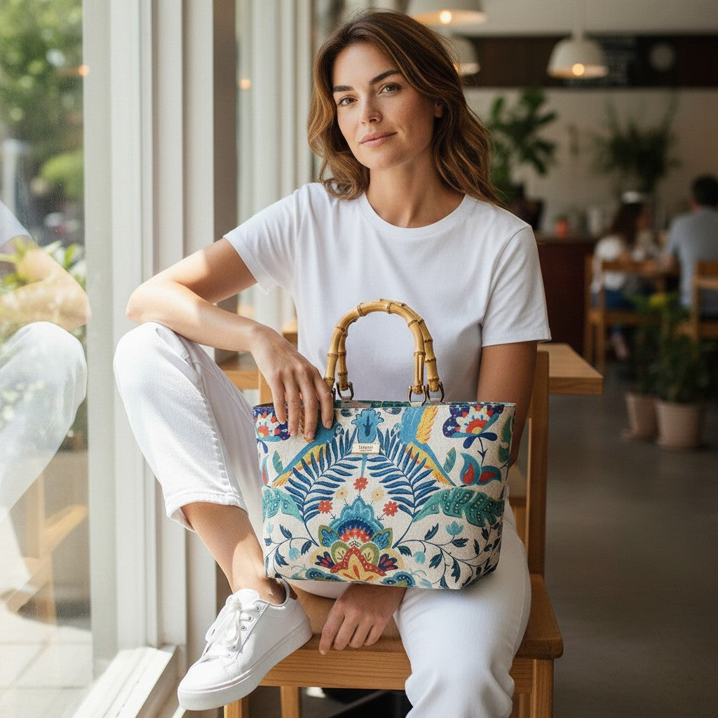 A woman sits in a sunlit café with a floral linen handbag with bamboo handles resting on her knee, its botanical print and natural bamboo handles catching the light, by Umpie Handbags