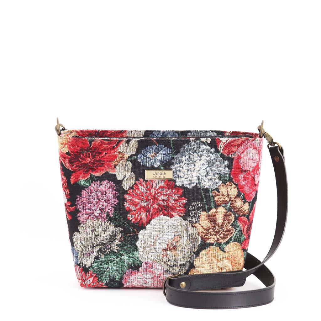 Floral Crossbody Bag with black leather strap by Umpie Handbags