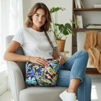Model sitting with the vibrant floral crossbody bag featuring tropical botanical print in lush greens and coral tones with adjustable leopard print leather strap, showcasing hands-free everyday styling and sustainable eco-friendly fabric by Umpie Handbags