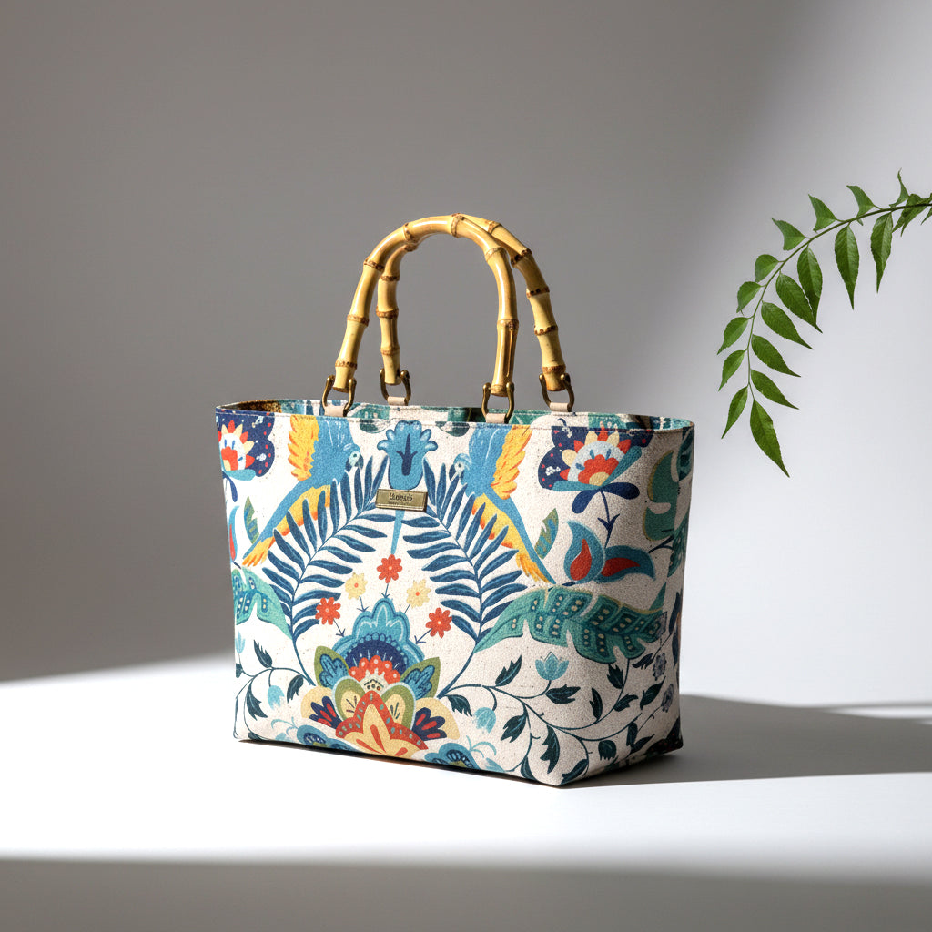 Front view of a floral linen handbag with bamboo handles standing upright showcasing the full botanical floral print and the warm natural curve of the bamboo handles, by Umpie Handbags