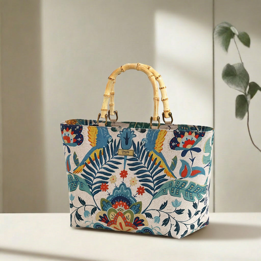 Front view of a floral linen handbag with bamboo handles standing upright on a chair, showcasing the full botanical floral print and the warm natural curve of the bamboo handles, by Umpie Handbags