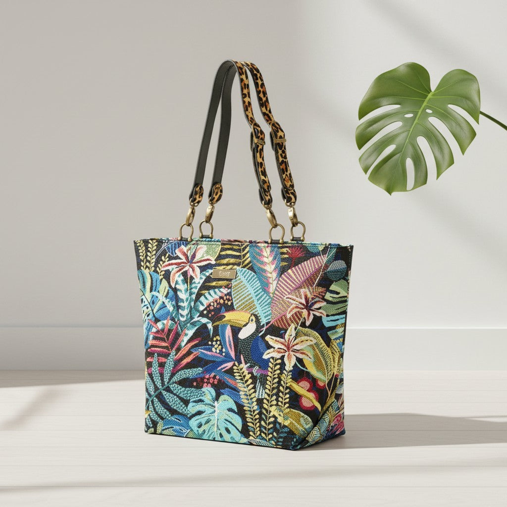 Floral Tote Bag showing vibrant botanical print and bold leopard leather straps by Umpie Handbags