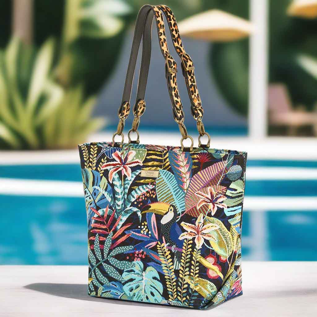 Colourful floral tote bag with leopard print straps. Unique design handcrafted in Yorkshire by Umpie Handbags.
