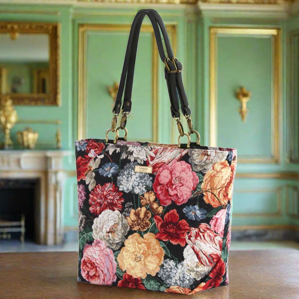 The Floral Tote Bag with black leather straps