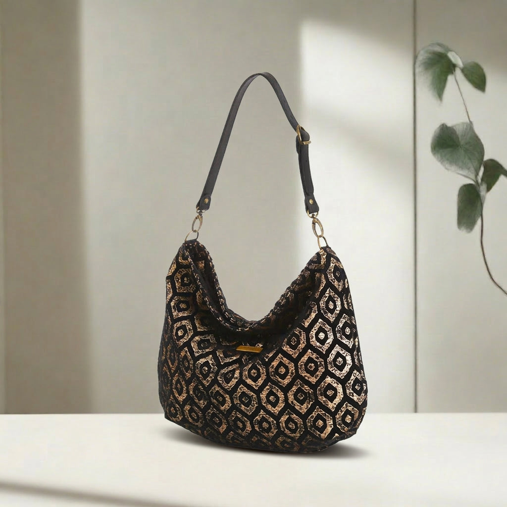Dazzling Gold Metallic Hobo Bag - luxurious shimmer meets Yorkshire craftsmanship with elegant black leather strap by Umpie Handbags
