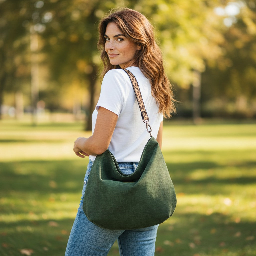 Luxurious Conifer velvet hobo bag with bold leopard print leather strap, front view showing rich texture and slouchy silhouette by Umpie Handbags