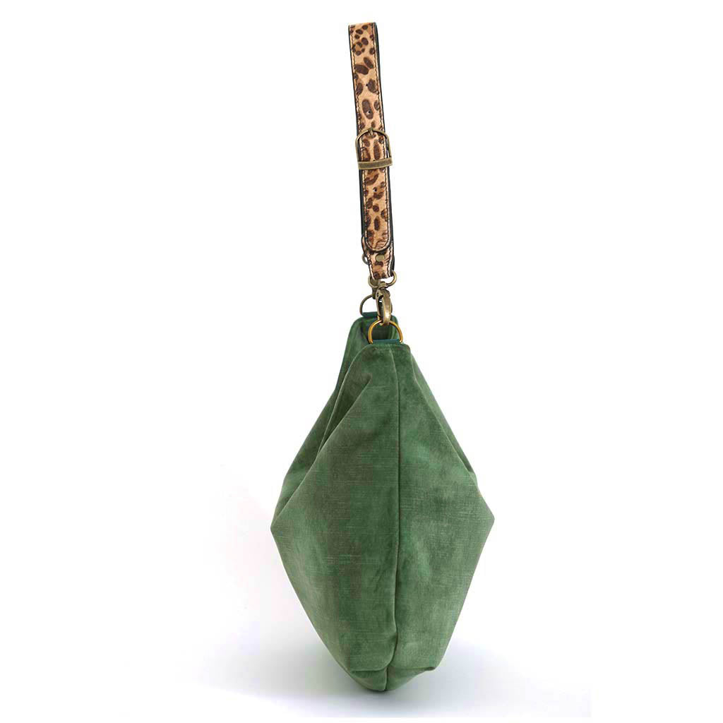 The Green Velvet Hobo Bag with a leopard print leather strap by Umpie Bags