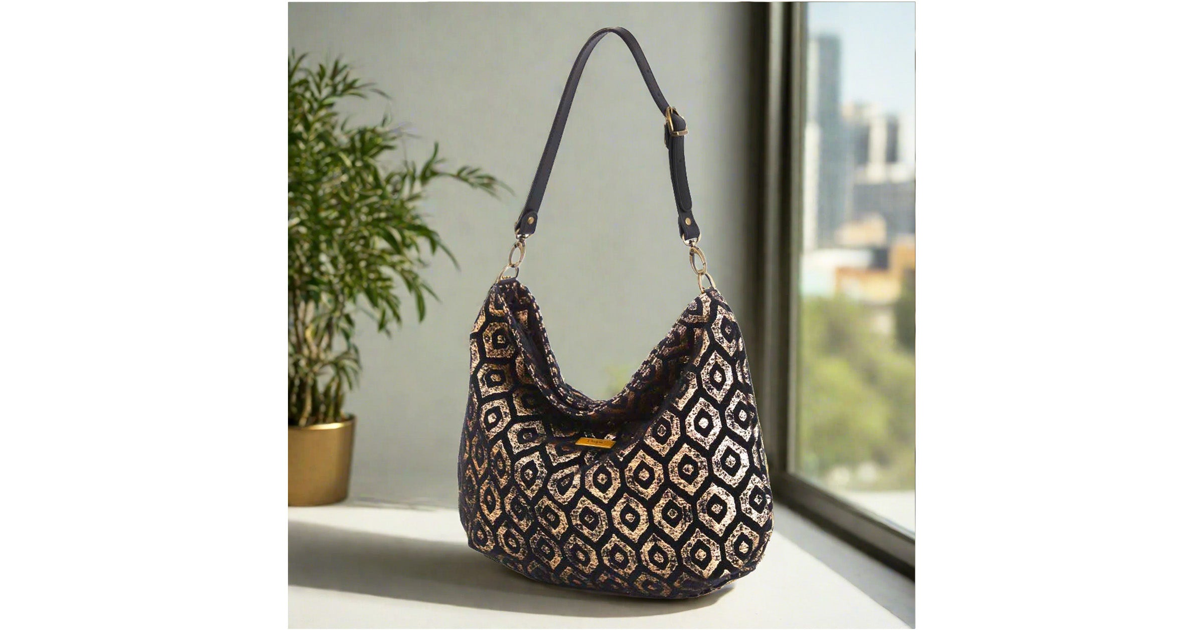 Dazzling Gold Metallic Hobo Bag - luxurious shimmer meets Yorkshire craftsmanship with elegant black leather strap by Umpie Handbags