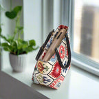 Hexagon handbag with multicoloured tapestry fabric and black leather handles - zip-top view by Umpie Handbags