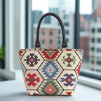 Hexagon handbag with multicoloured tapestry fabric and black leather handles by Umpie Handbags