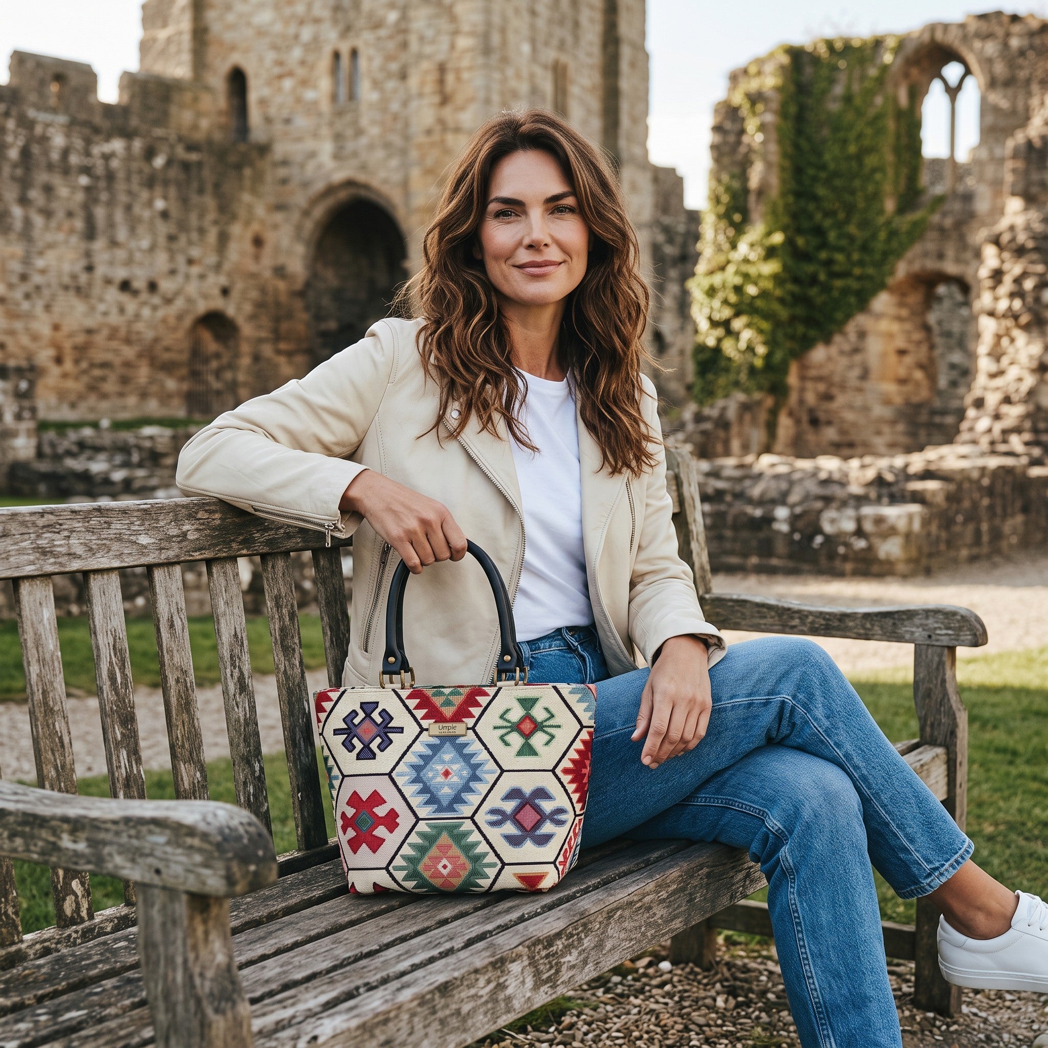 A model wearing the Hexagon Handbag, sitting in Richmond Castle, A multi coloured tapestry fabric handbag, handmade in Yorkshire by Umpie Handbags