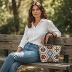Handbag featuring vibrant multicoloured tapestry fabric with intricate hexagon geometric patterns, premium black leather handles with brass hardware, structured silhouette with secure zip-top closure, handcrafted by Umpie Handbags
