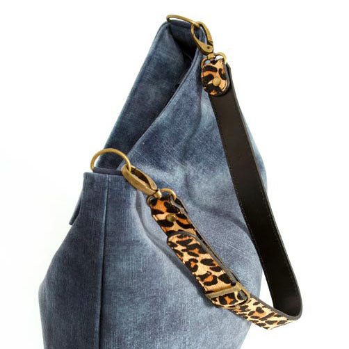 The Blue Velvet Hobo Bag with a Leopard print leather strap by Umpie Bags - zip-top view