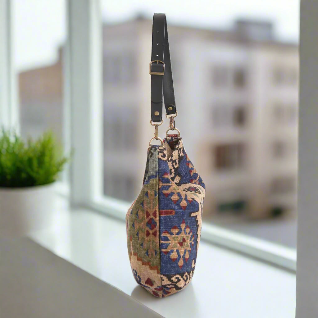 The Green Mix colour, Kilim Design Canvas Hobo Bag With Black Leather Strap by Umpie Handbags - side view