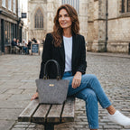 Harris Tweed houndstooth handbag with black premium leather handles showcasing authentic Scottish heritage fabric and Yorkshire craftsmanship by Umpie Handbags
