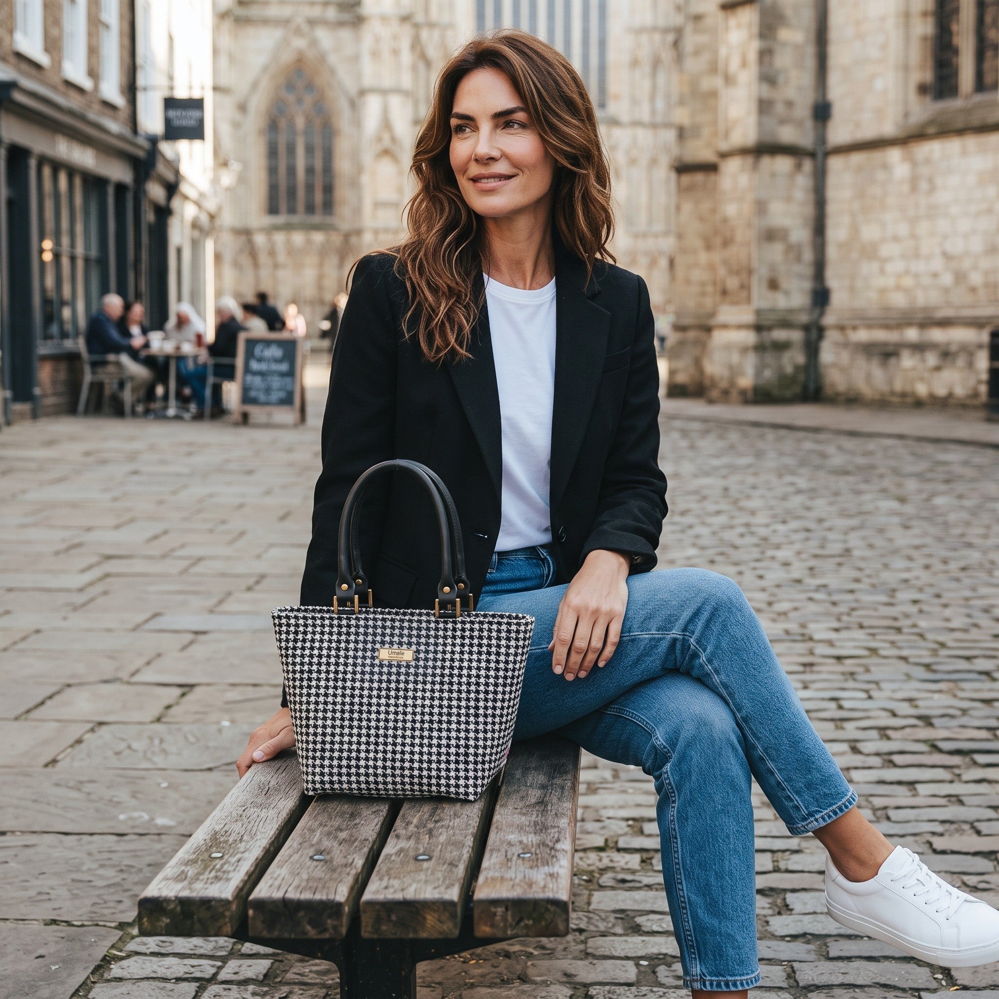Harris Tweed houndstooth handbag with black premium leather handles showcasing authentic Scottish heritage fabric and Yorkshire craftsmanship by Umpie Handbags