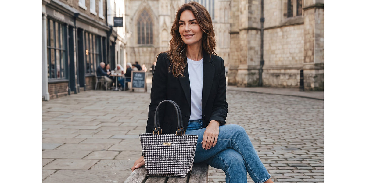 A model sitting outside York Minster with the Houndstooth Harris Tweed Handbag by Umpie Handbags