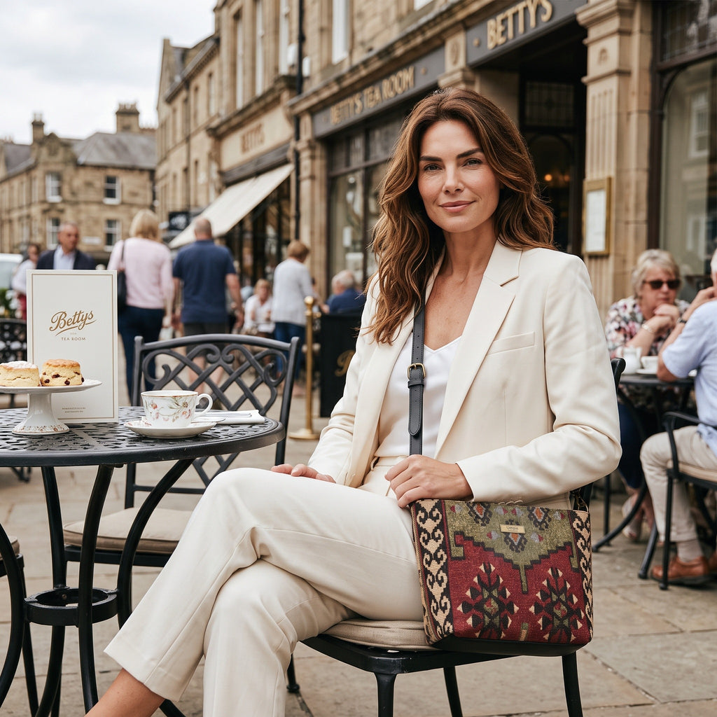 Model outside Betty's with the Kilim canvas crossbody bag, rich geometric Kilim pattern in green and wine, handmade in Great Britain by Umpie Handbags