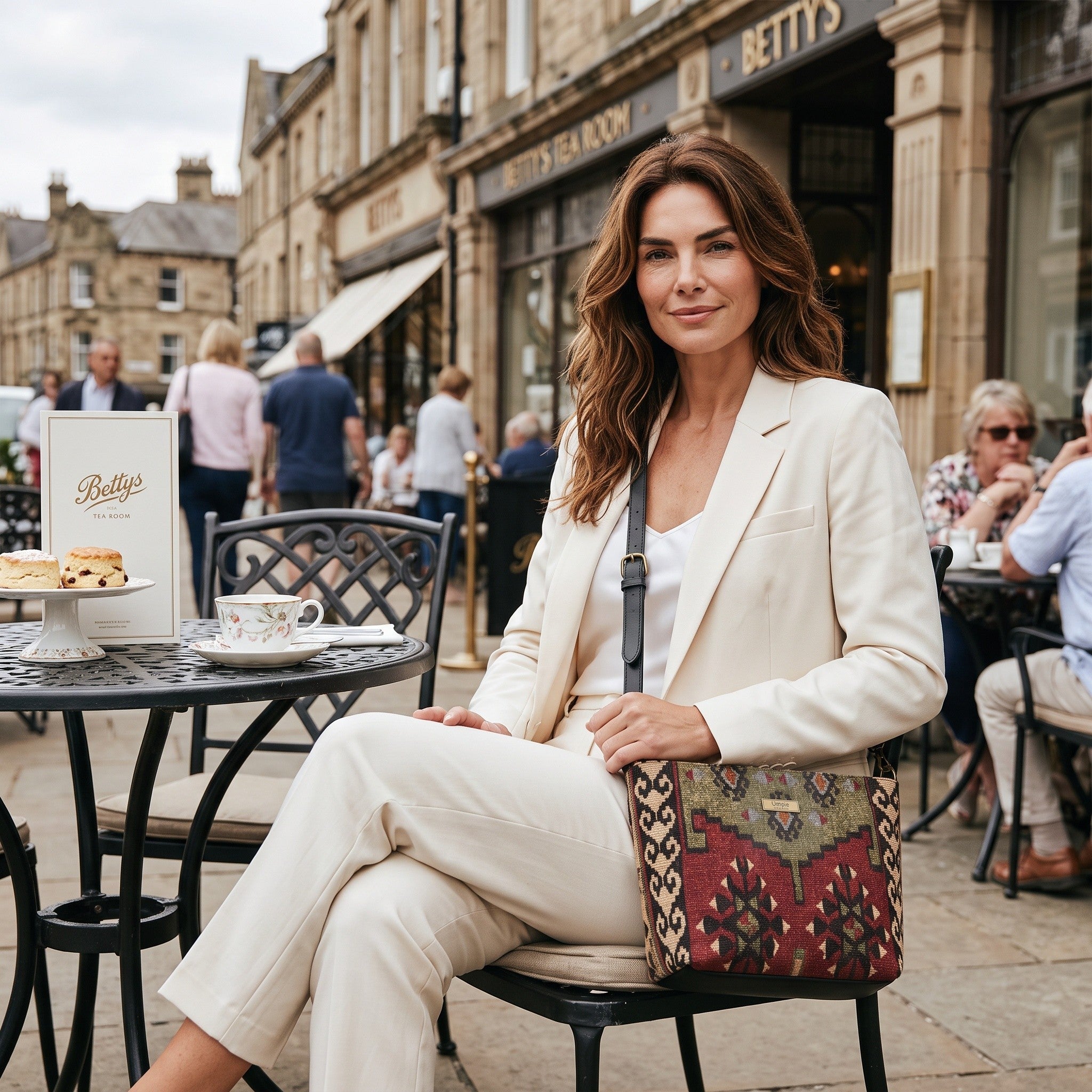 Model outside Betty's with the Kilim canvas crossbody bag, rich geometric Kilim pattern in green and wine, handmade in Great Britain by Umpie Handbags
