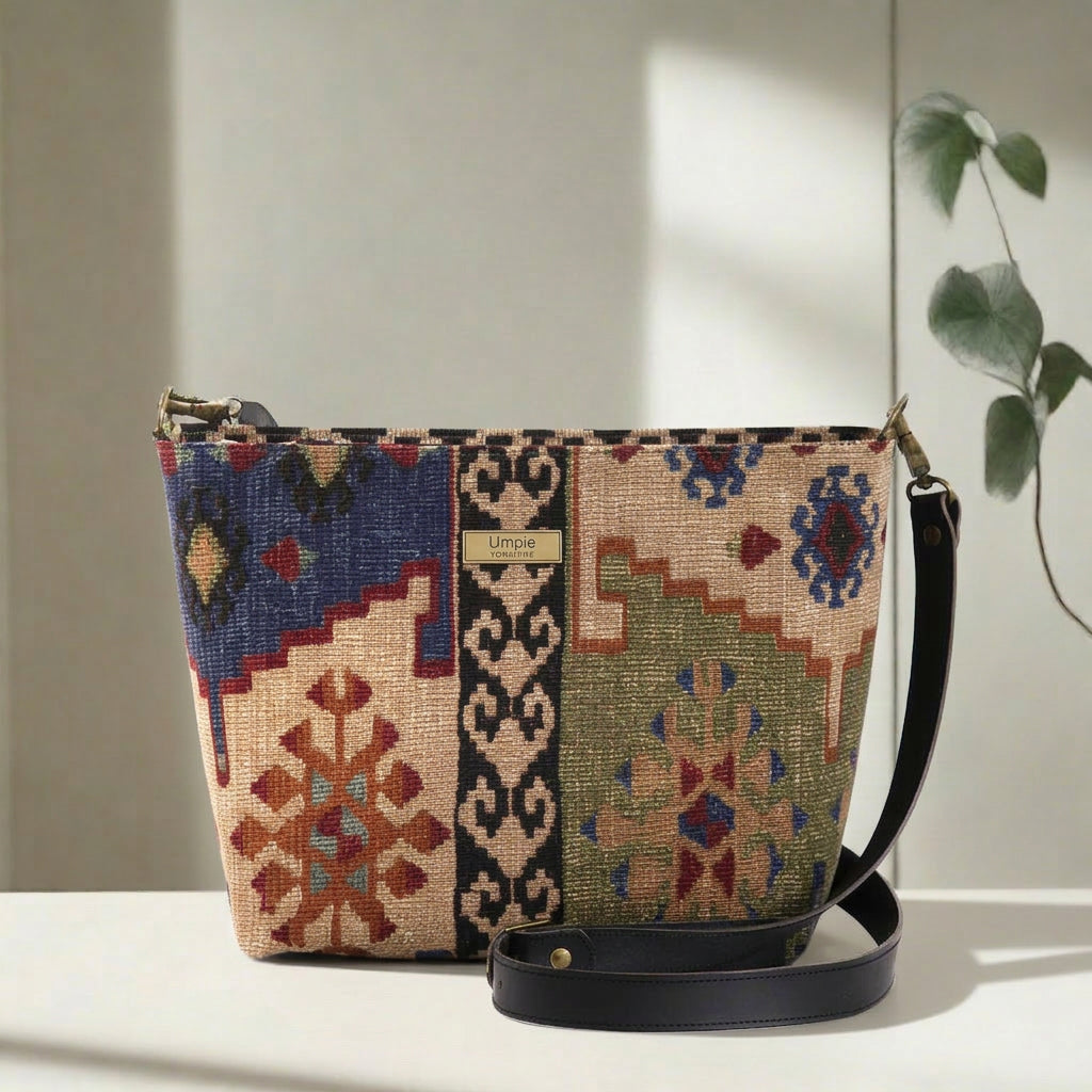Kilim canvas crossbody bag with navy and green panels, handmade in Great Britain by Umpie Handbags