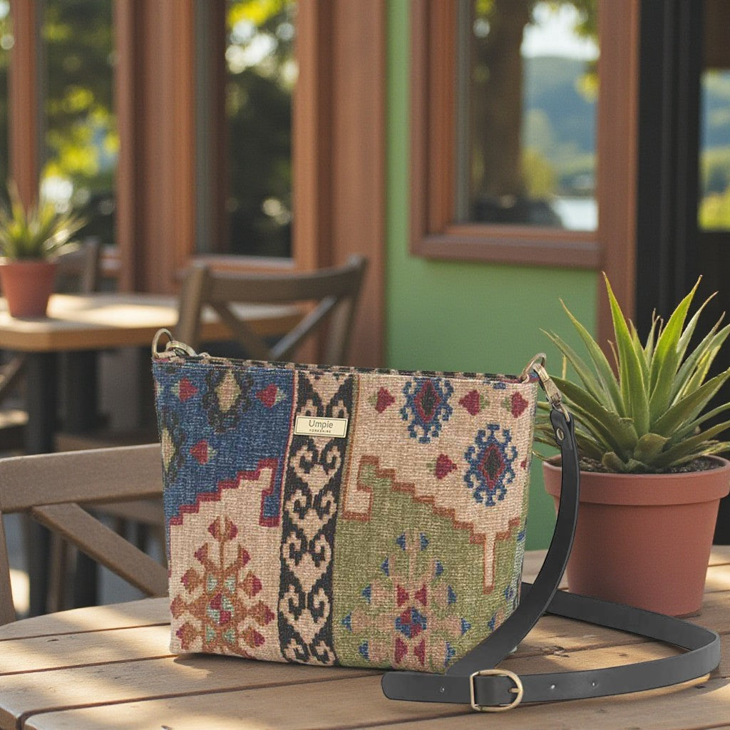 Kilim canvas crossbody bag with navy and green geometric pattern resting on a café table, handmade in Great Britain by Umpie Handbags