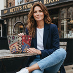 A woman sitting outside Bettys in Yorks holding the Artisan Kilim Canvas Handbag by Umpie Yorkshire