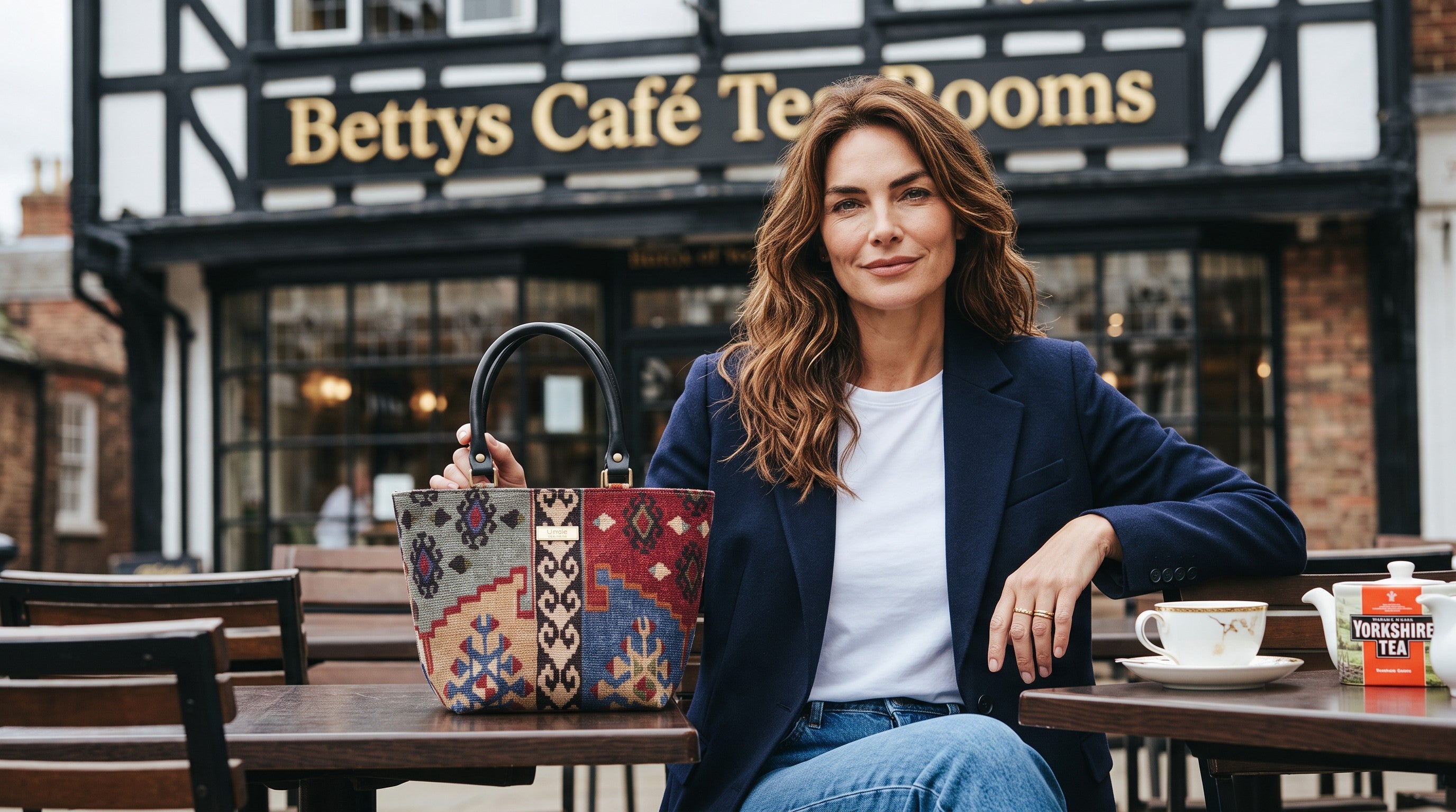 A woman sits at an outdoor table in front of a 'Bettys Café Tea Rooms' sign, holding the Kilim Canvas Handbag by Umpie Handbags