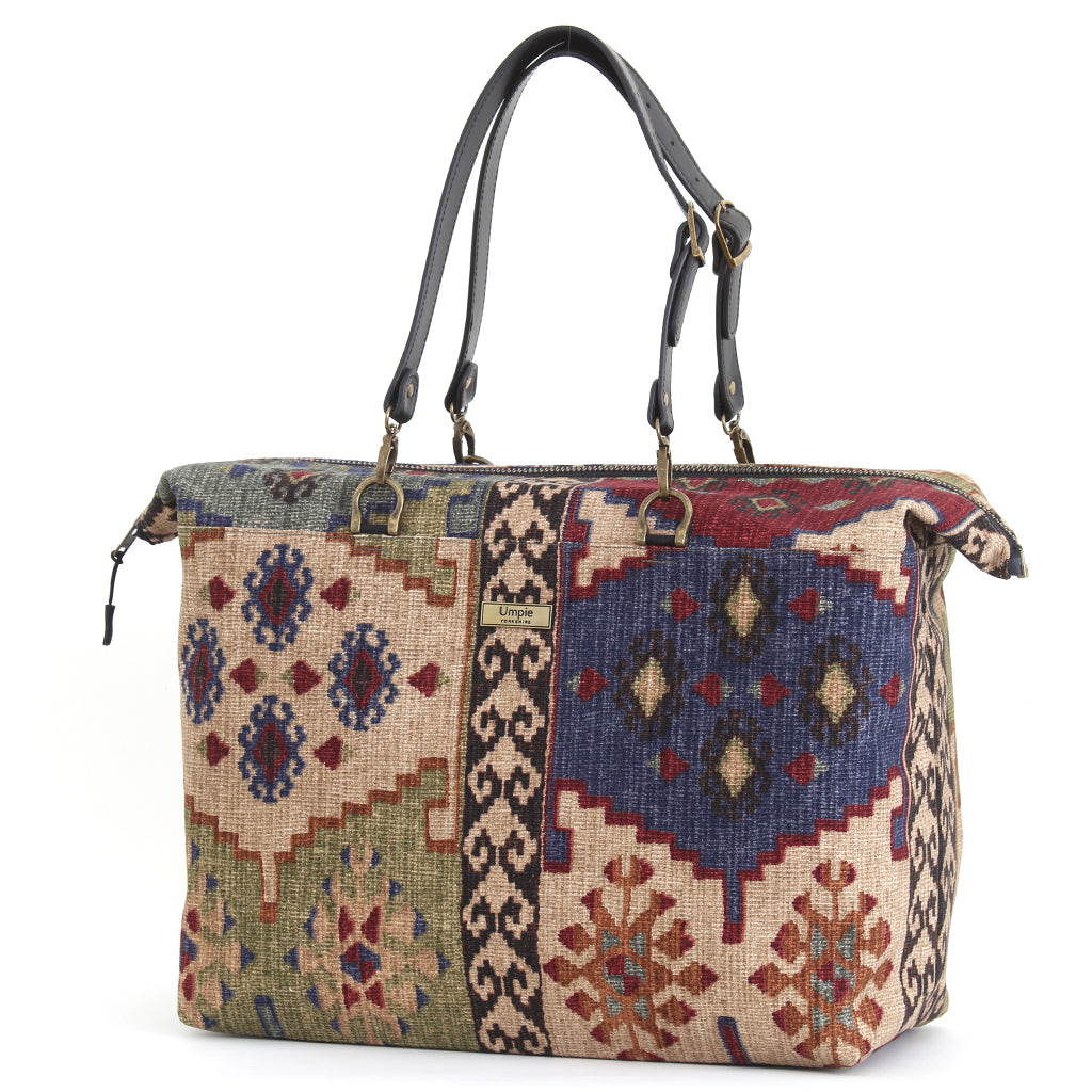 Canvas Kilim Weekend Bag showcasing heritage geometric print and spacious design by Umpie Handbags