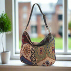 The Green Mix colour, Kilim Design Canvas Hobo Bag With Black Leather Strap by Umpie Handbags