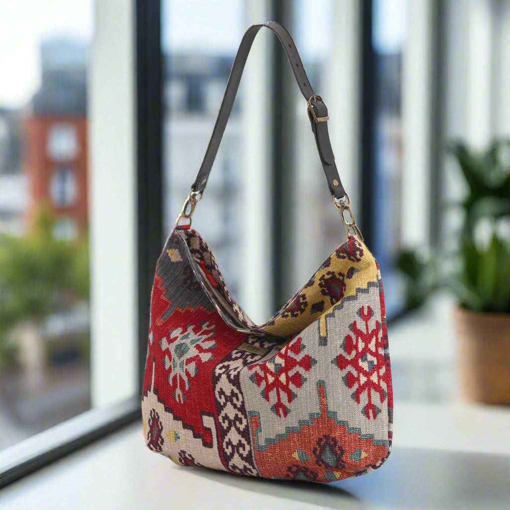 Kilim Design Red Mix Canvas Hobo Bag with a black leather strap, by Umpie Handbags