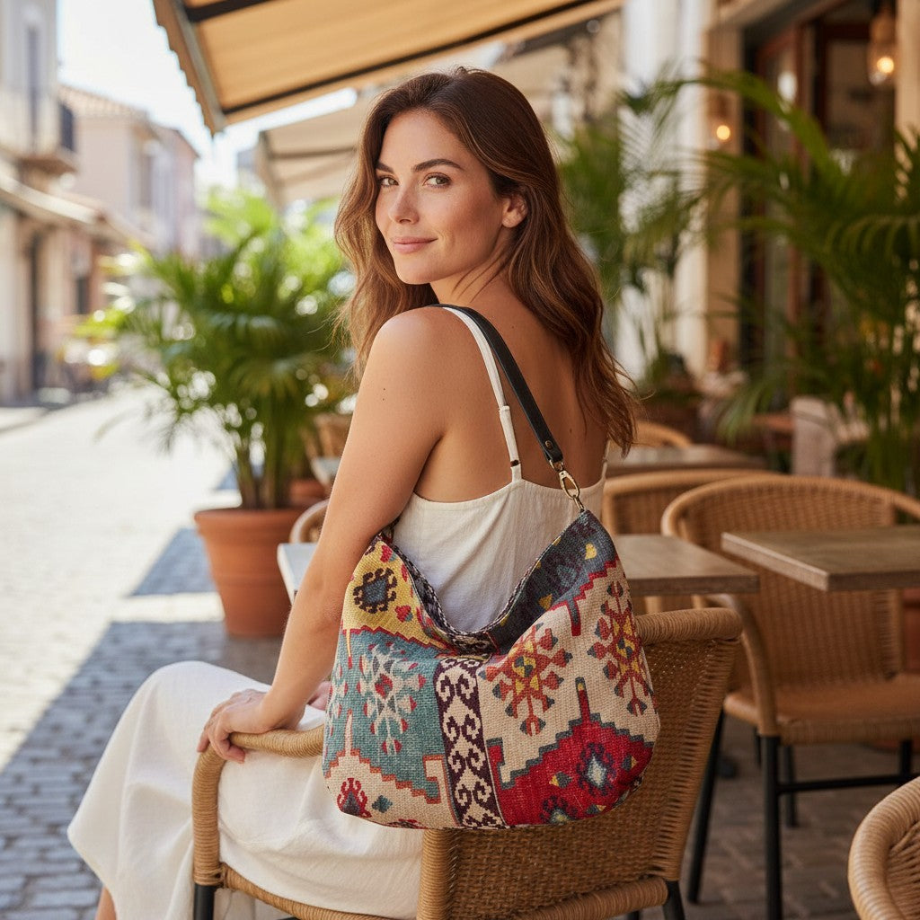 Kilim Canvas Hobo Bag worn over shoulder showing red mix geometric patterns and relaxed silhouette by Umpie Handbags