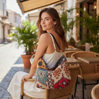 Kilim Canvas Hobo Bag worn over shoulder showing red mix geometric patterns and relaxed silhouette by Umpie Handbags