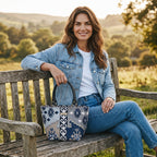 Model seated with the Navy canvas handbag with traditional Kilim geometric pattern in navy, grey, light blue and taupe, black leather handles, front view by Umpie Handbags