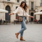 Authentic Kilim print crossbody bag showcasing vibrant geometric weave in traditional colours, secure zip-top closure, and smooth brown leather adjustable strap by Umpie Handbag