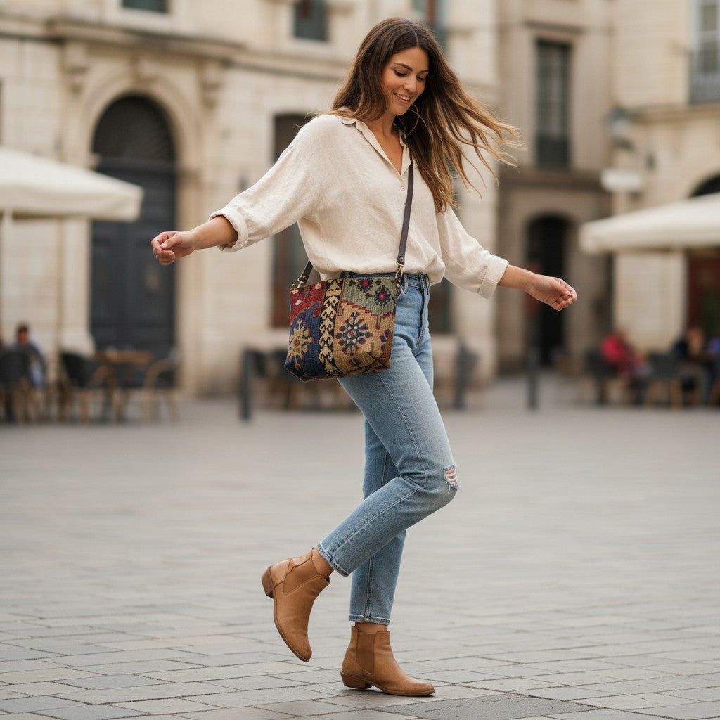 Authentic Kilim print crossbody bag showcasing vibrant geometric weave in traditional colours, secure zip-top closure, and smooth brown leather adjustable strap by Umpie Handbag