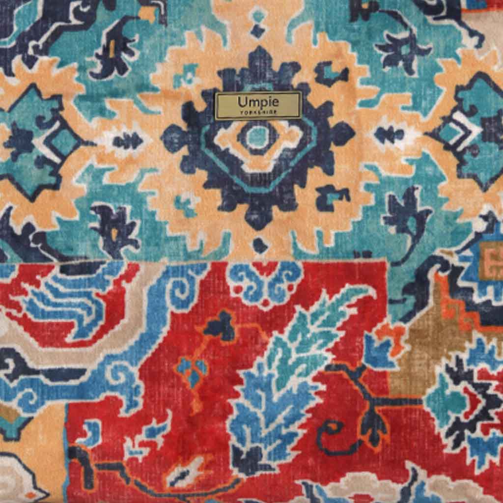 Kilim pattern detail on luxurious velvet fabric - traditional geometric design crafted in Yorkshire by Umpie Handbags