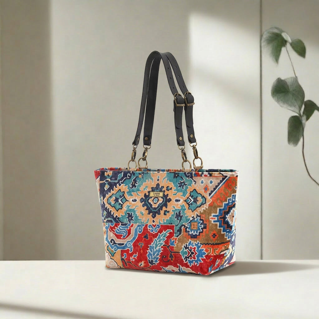 Kilim Velvet Shoulder Bag showcasing rich texture and traditional geometric design with leather strap by Umpie Handbags