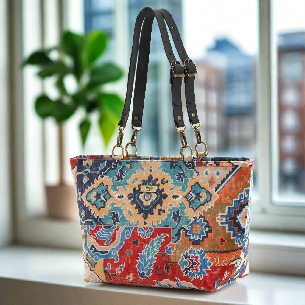 Velvet Shoulder Bag with Kilim geometric pattern and premium black leather straps by Umpie Handbags - luxury British-made handbag