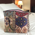 Open view of the Canvas Kilim Weekend Bag revealing fully lined interior and internal pocket, handmade in Great Britain by Umpie Handbags
